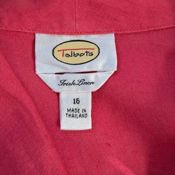 Talbots Irish Linen Button Front Top 16 Pink 3/4 Sleeve V Neck Collared - Picture 6 of 8